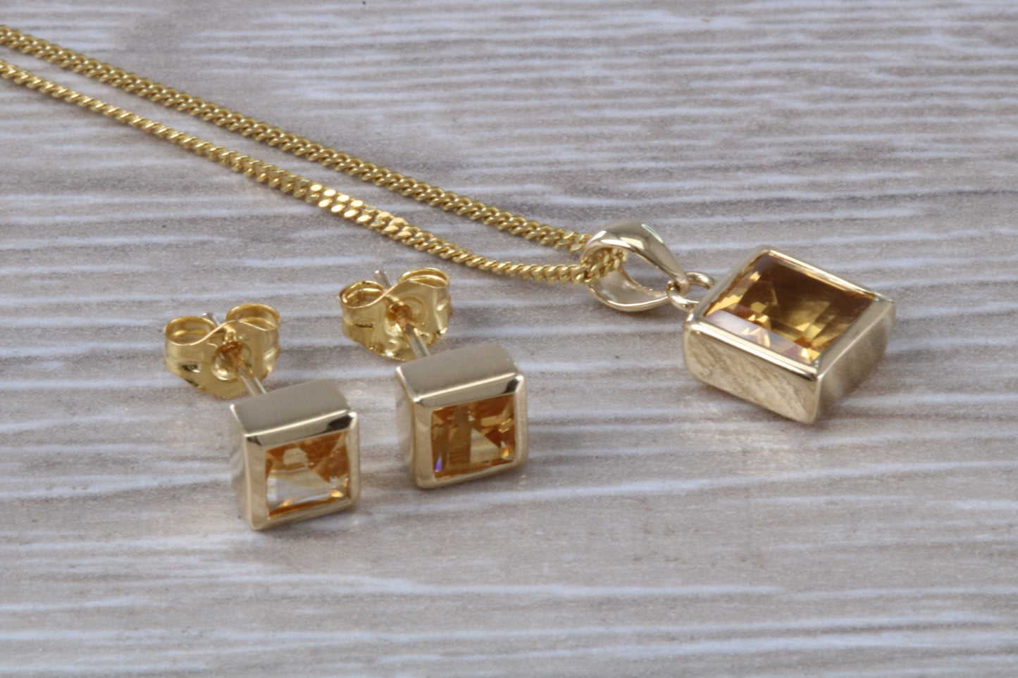 Real Citrine Earrings and Necklace Set, Solid 9ct Yellow Gold