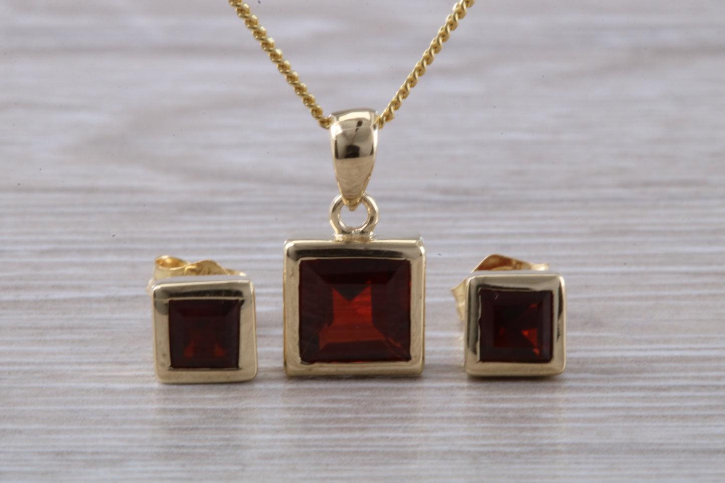 Real Garnet Earrings and Necklace Set, Solid 9ct Yellow Gold