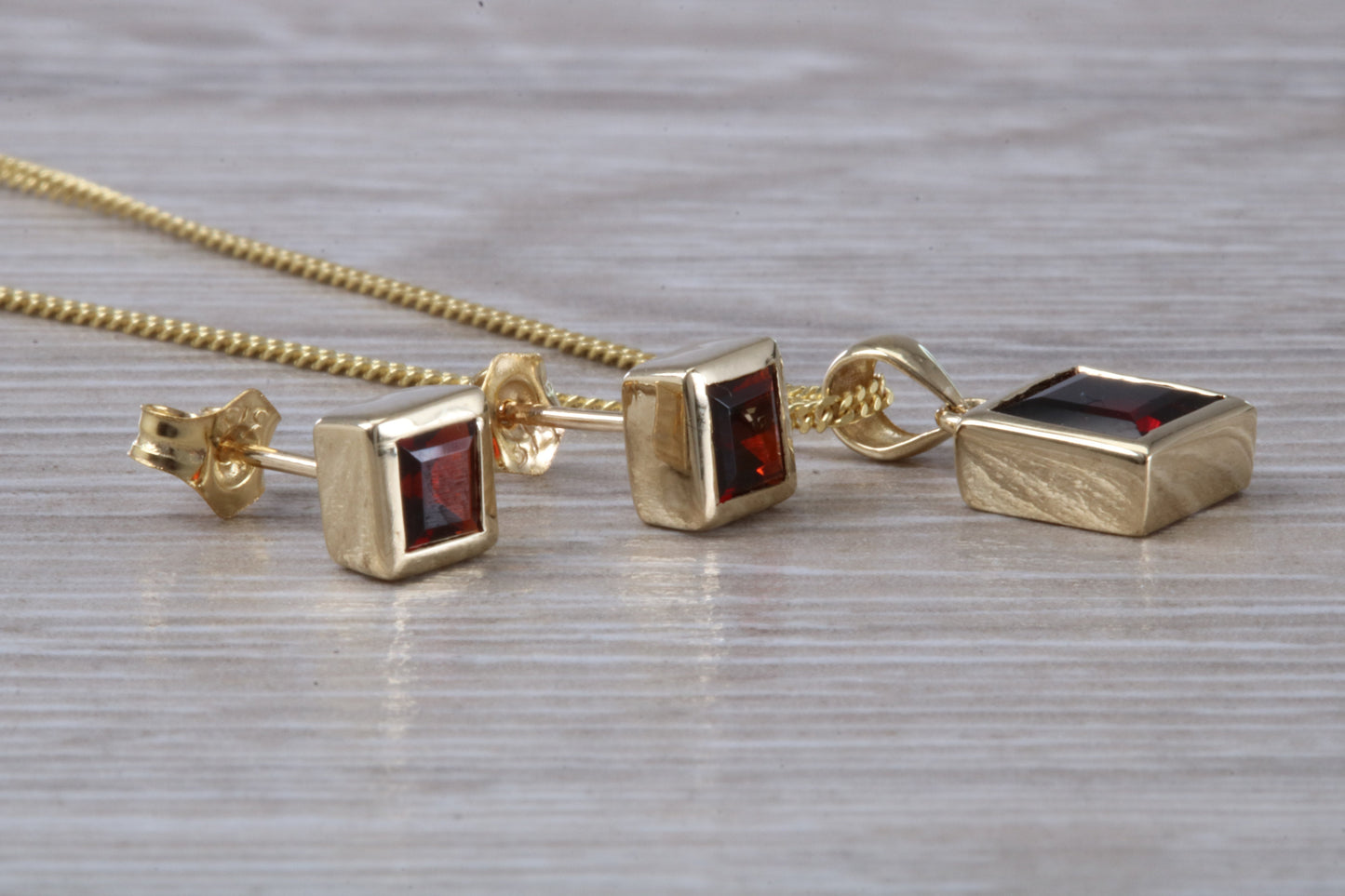 Real Garnet Earrings and Necklace Set, Solid 9ct Yellow Gold