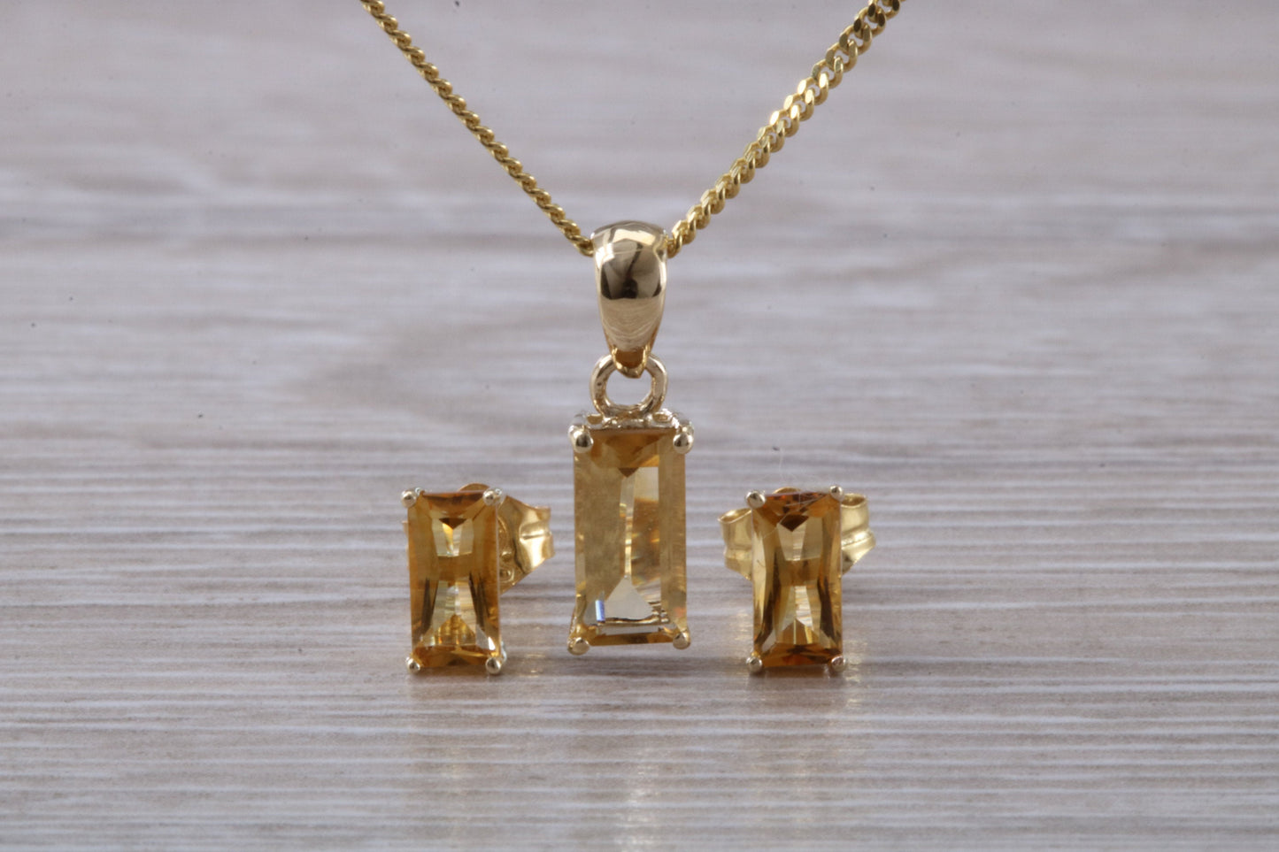 Real Citrine Earrings and Necklace Set, Solid 9ct Yellow Gold