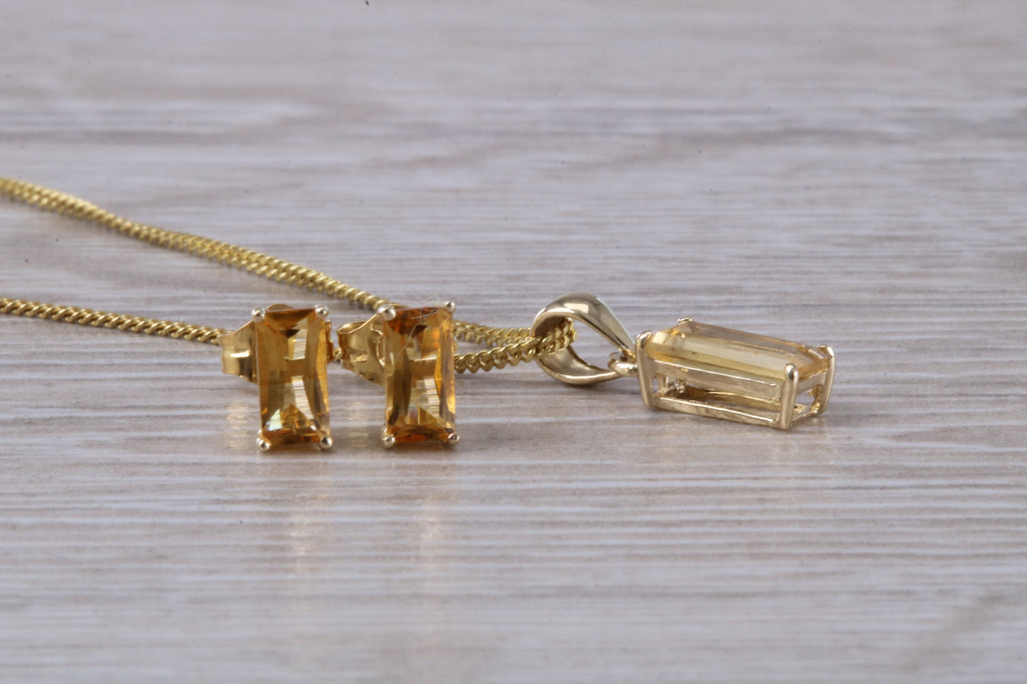Real Citrine Earrings and Necklace Set, Solid 9ct Yellow Gold