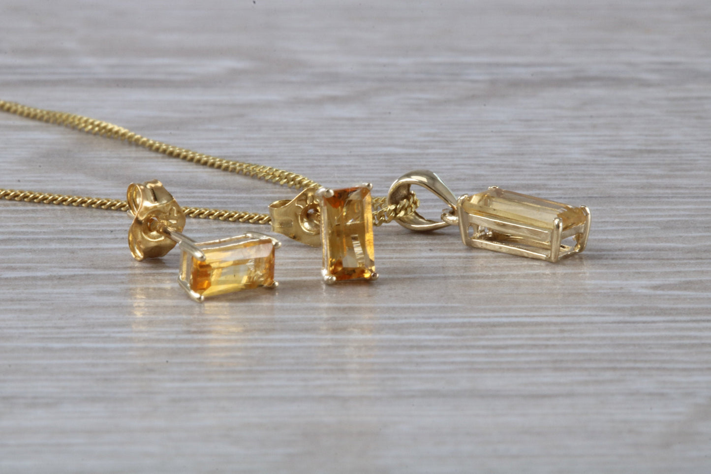 Real Citrine Earrings and Necklace Set, Solid 9ct Yellow Gold