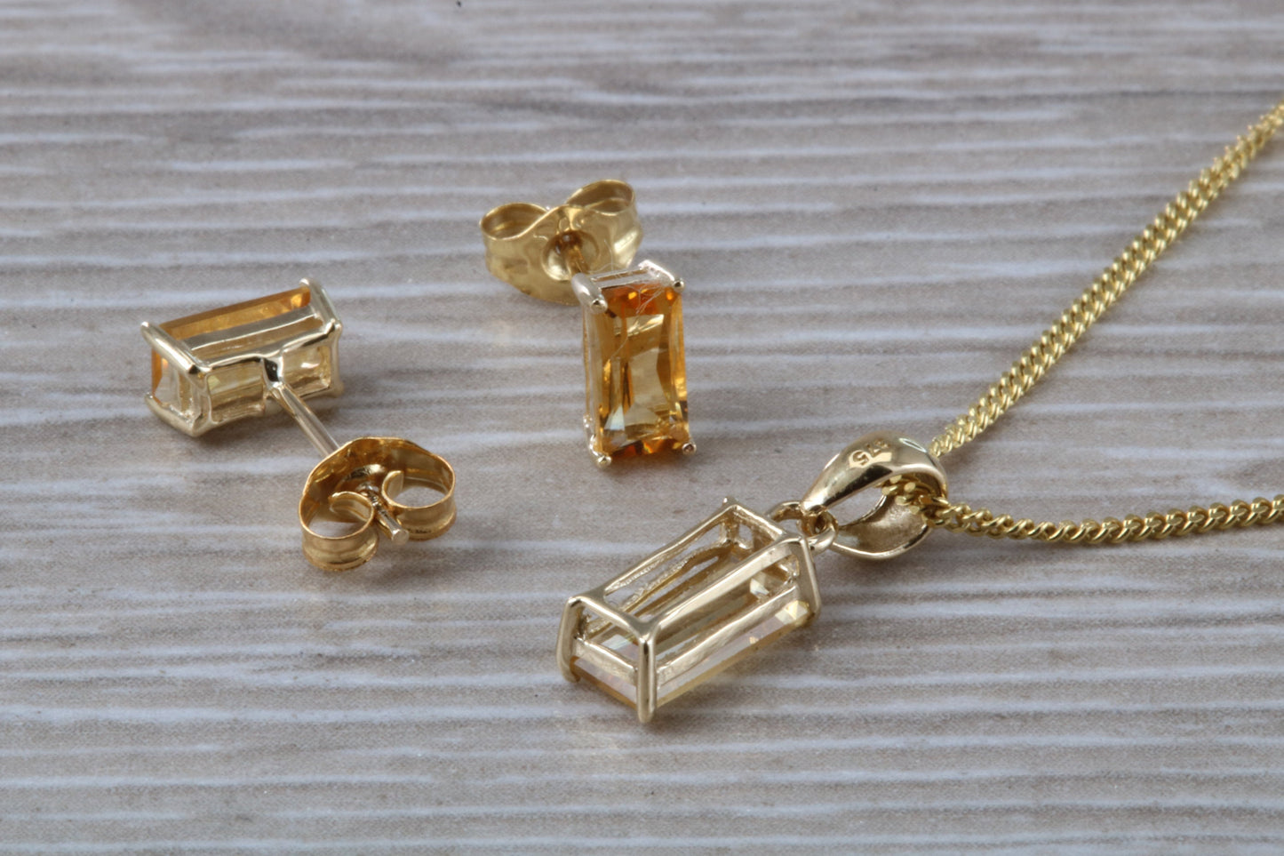 Real Citrine Earrings and Necklace Set, Solid 9ct Yellow Gold