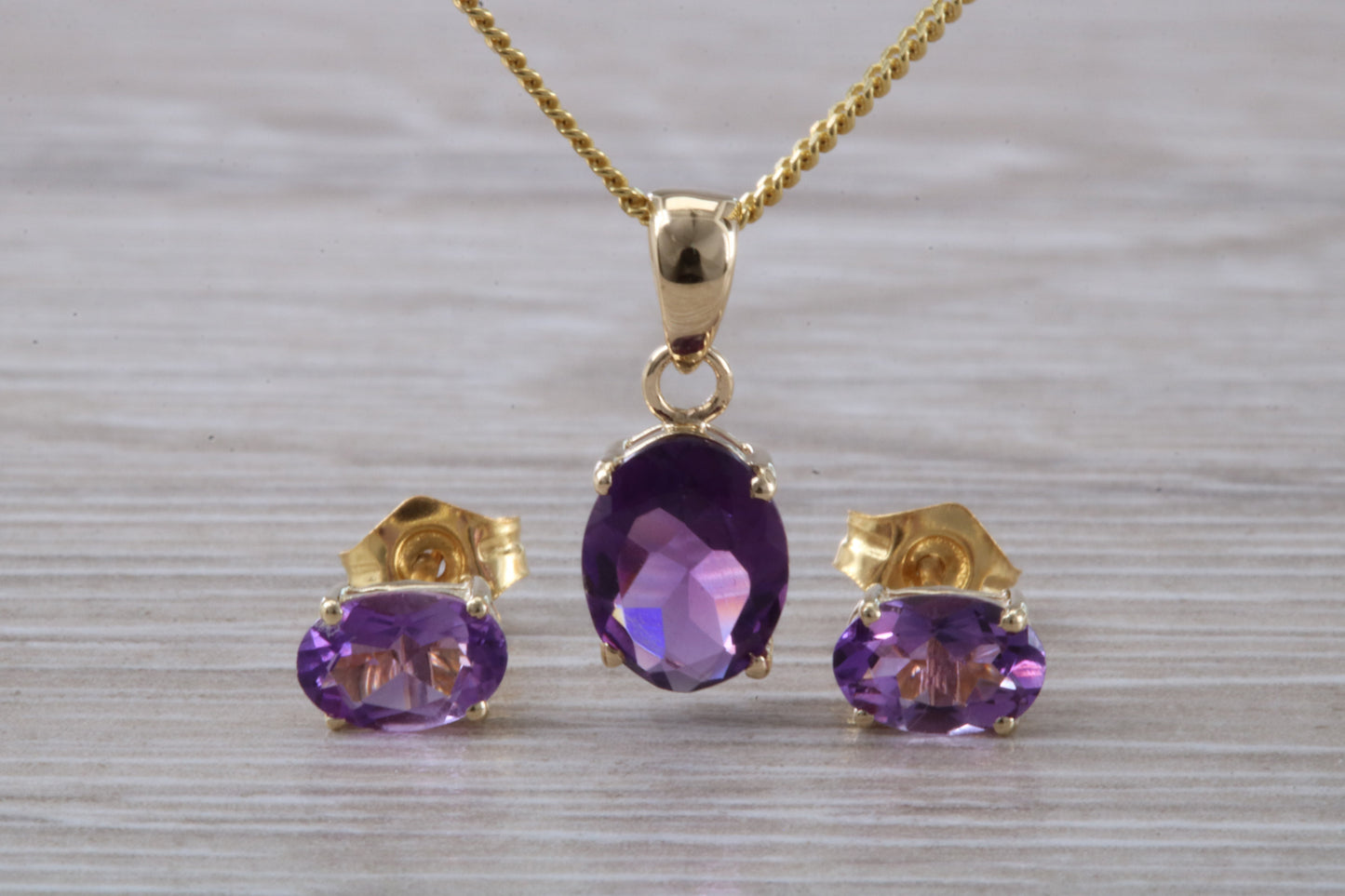 Real Amethyst Earrings and Necklace Set, Solid 9ct Yellow Gold