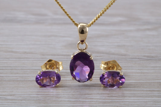 Real Amethyst Earrings and Necklace Set, Solid 9ct Yellow Gold