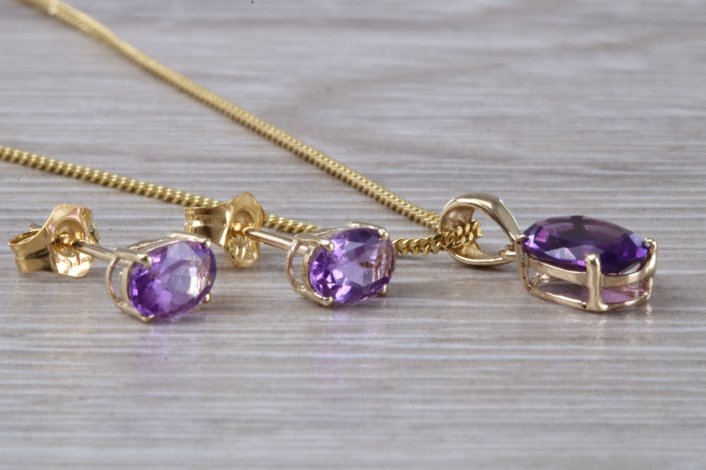 Real Amethyst Earrings and Necklace Set, Solid 9ct Yellow Gold