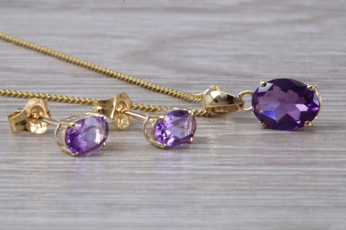 Real Amethyst Earrings and Necklace Set, Solid 9ct Yellow Gold