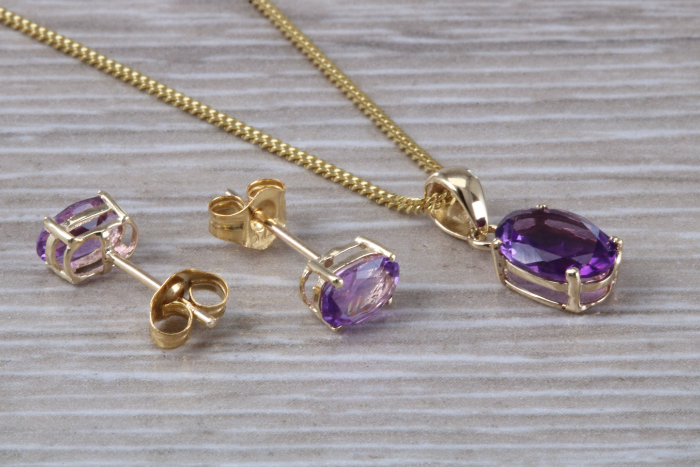 Real Amethyst Earrings and Necklace Set, Solid 9ct Yellow Gold