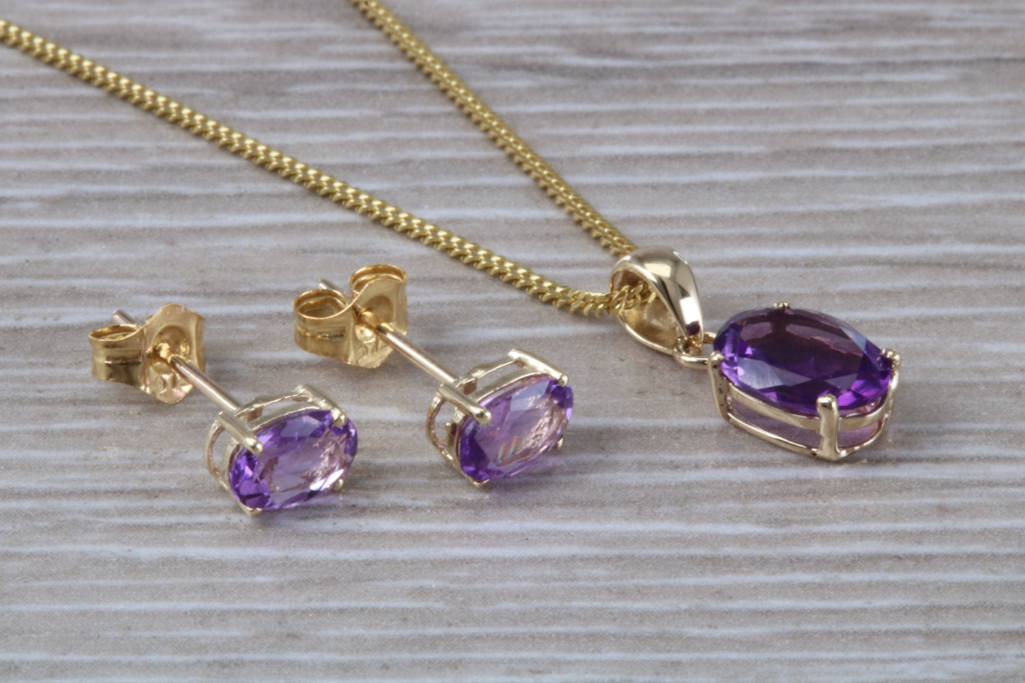 Real Amethyst Earrings and Necklace Set, Solid 9ct Yellow Gold