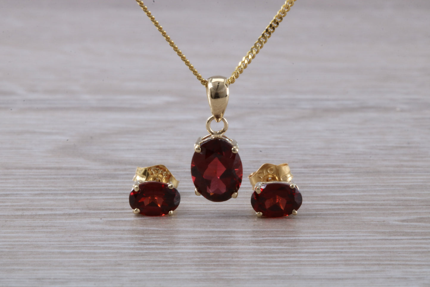 Real Garnet Earrings and Necklace Set, Solid 9ct Yellow Gold