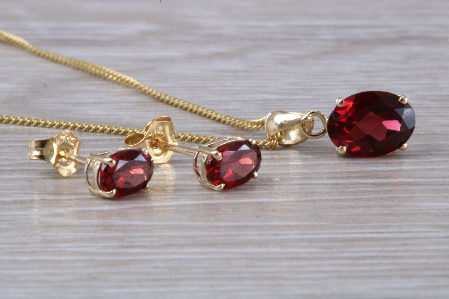 Real Garnet Earrings and Necklace Set, Solid 9ct Yellow Gold