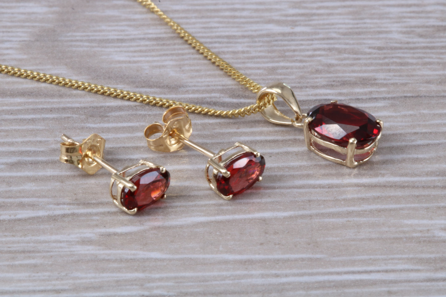 Real Garnet Earrings and Necklace Set, Solid 9ct Yellow Gold