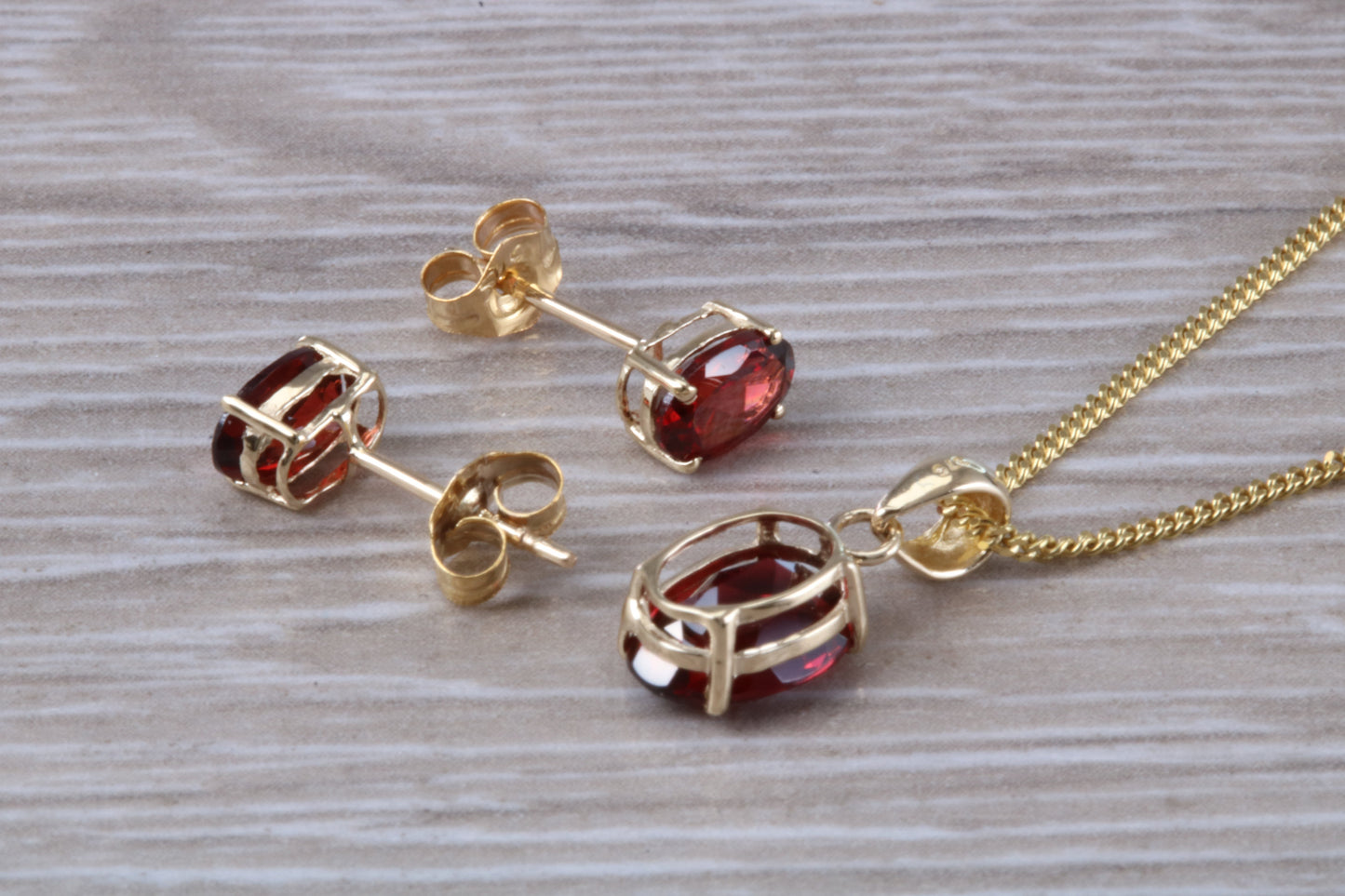 Real Garnet Earrings and Necklace Set, Solid 9ct Yellow Gold