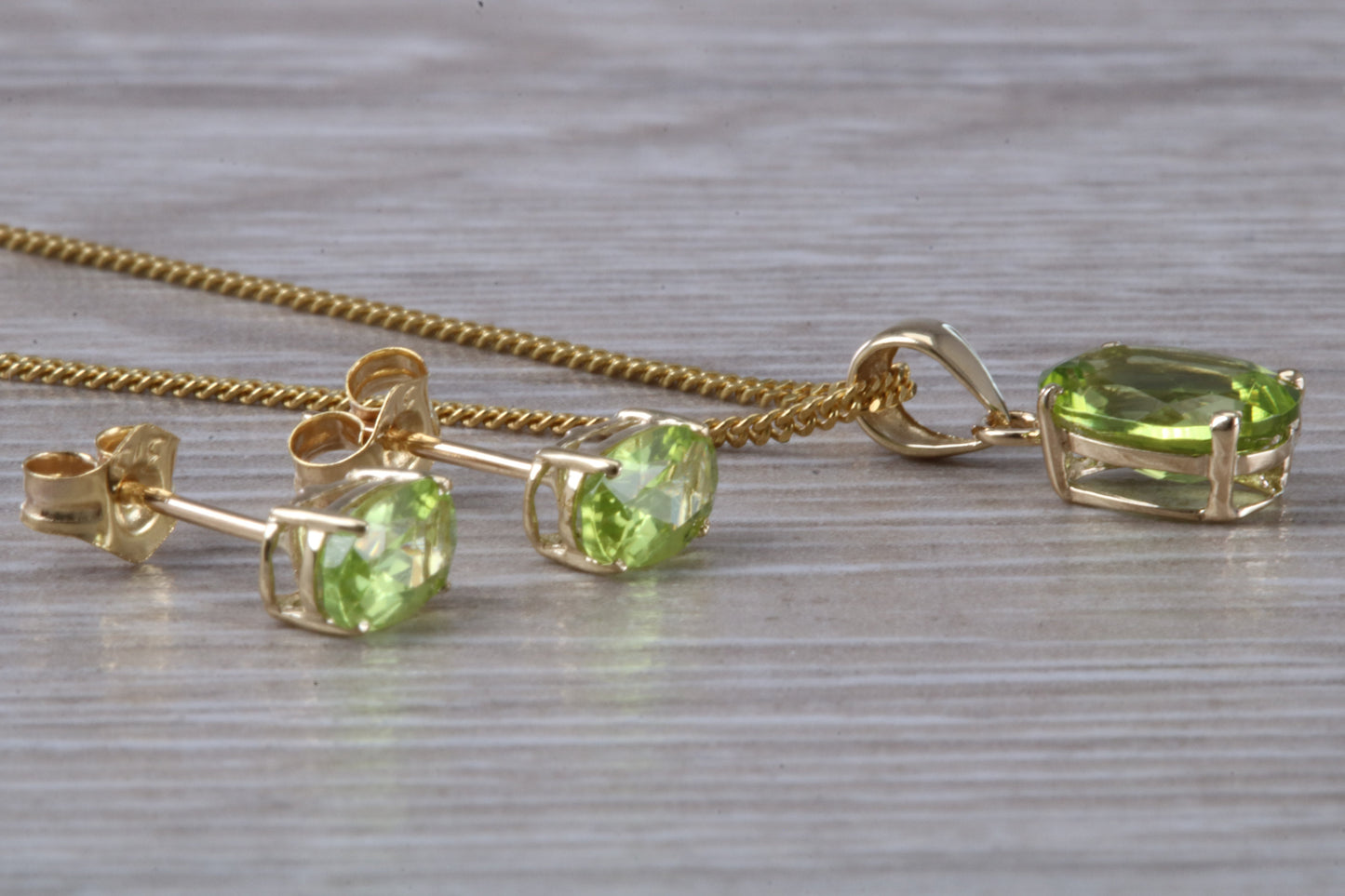 Real Peridot Earrings and Necklace Set, Solid 9ct Yellow Gold