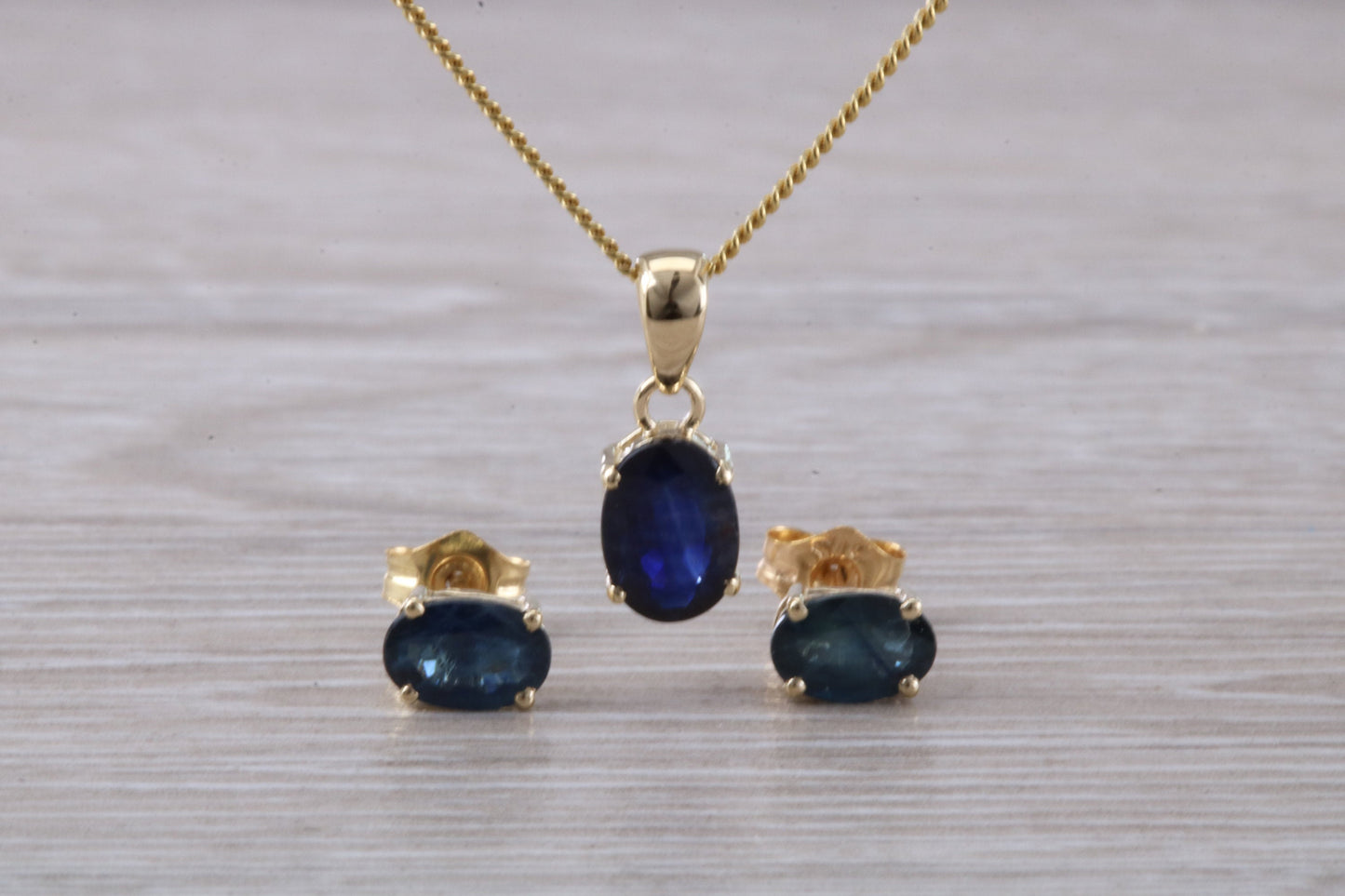Real Blue Sapphire Earrings and Necklace Set, Solid 9ct Yellow Gold
