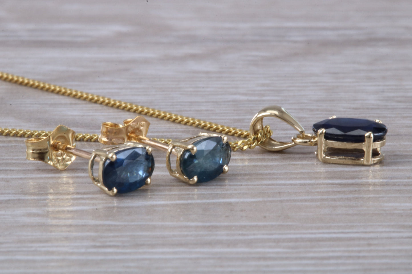 Real Blue Sapphire Earrings and Necklace Set, Solid 9ct Yellow Gold