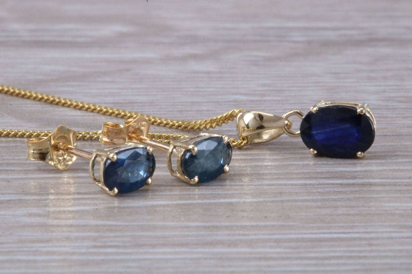 Real Blue Sapphire Earrings and Necklace Set, Solid 9ct Yellow Gold