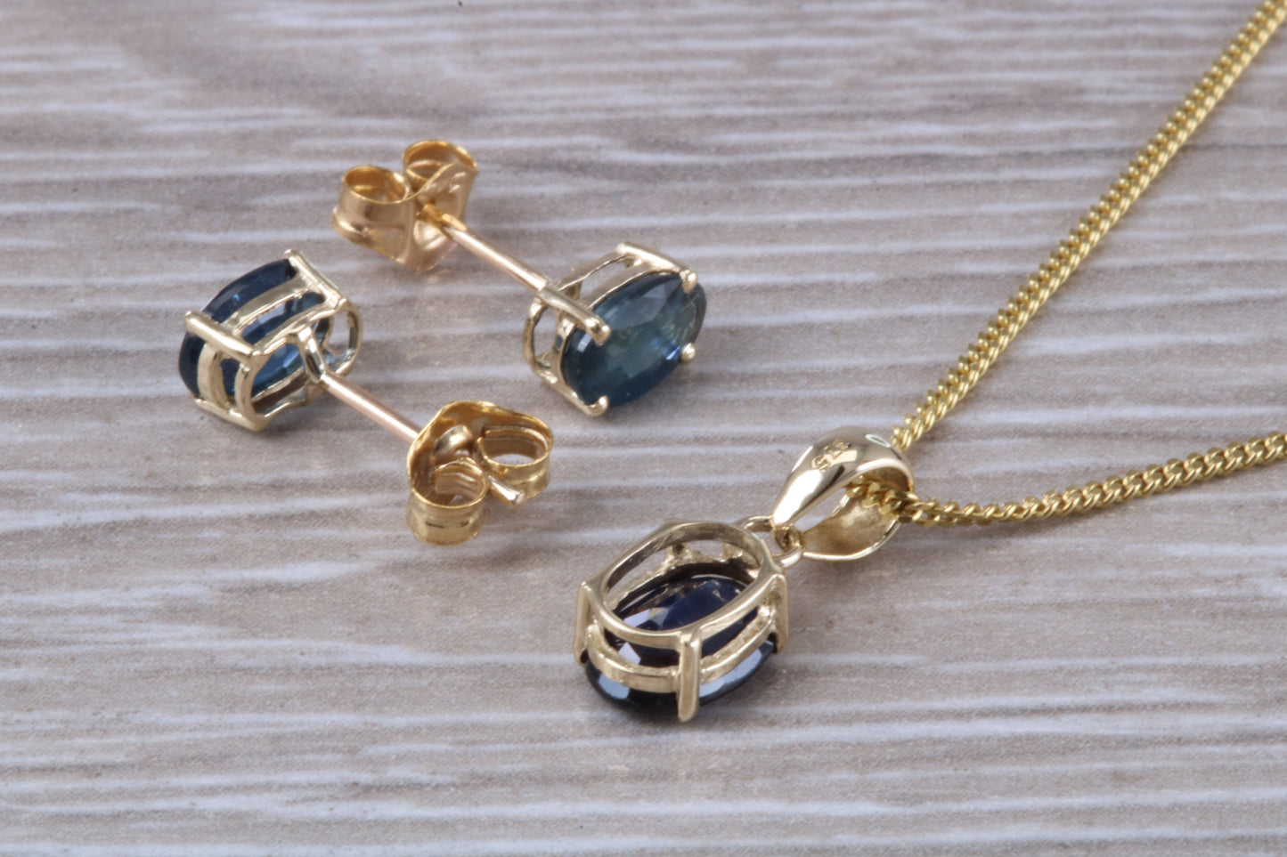 Real Blue Sapphire Earrings and Necklace Set, Solid 9ct Yellow Gold