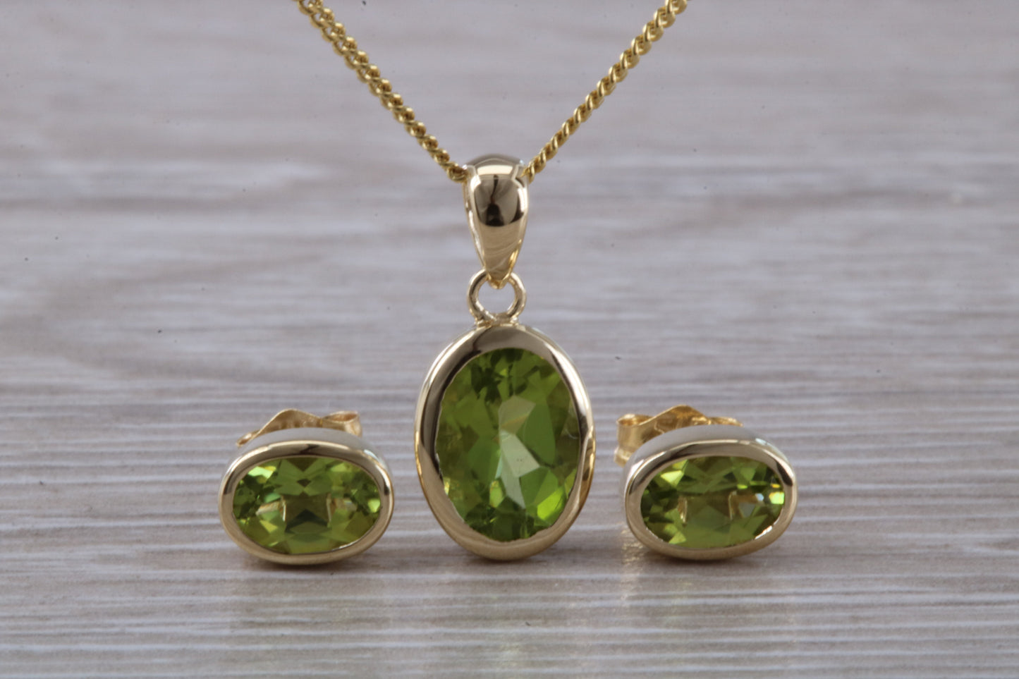 Real Peridot Earrings and Necklace Set, Solid 9ct Yellow Gold
