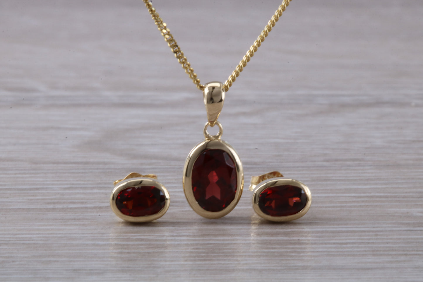 Real Garnet Earrings and Necklace Set, Solid 9ct Yellow Gold