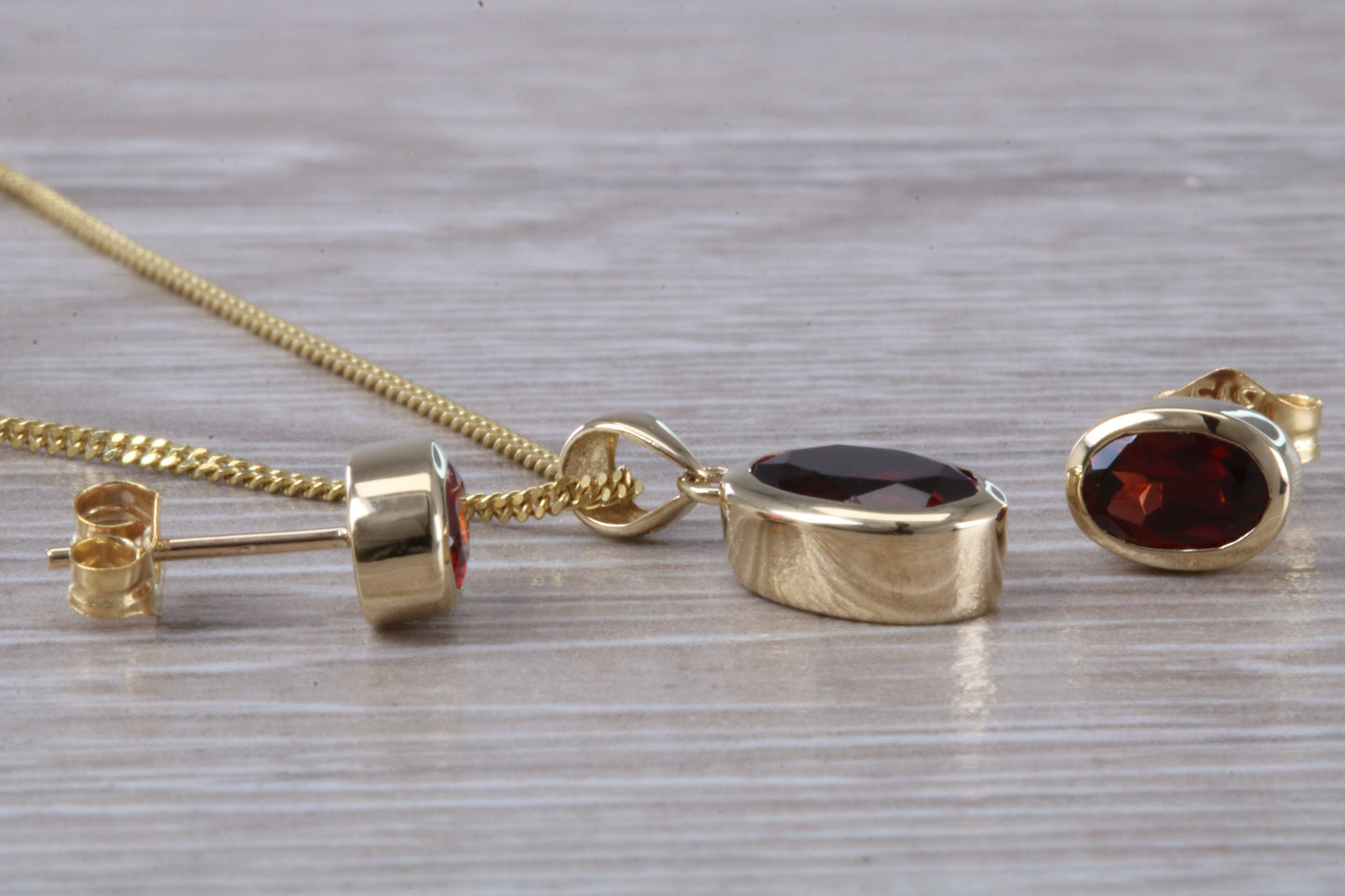 Real Garnet Earrings and Necklace Set, Solid 9ct Yellow Gold