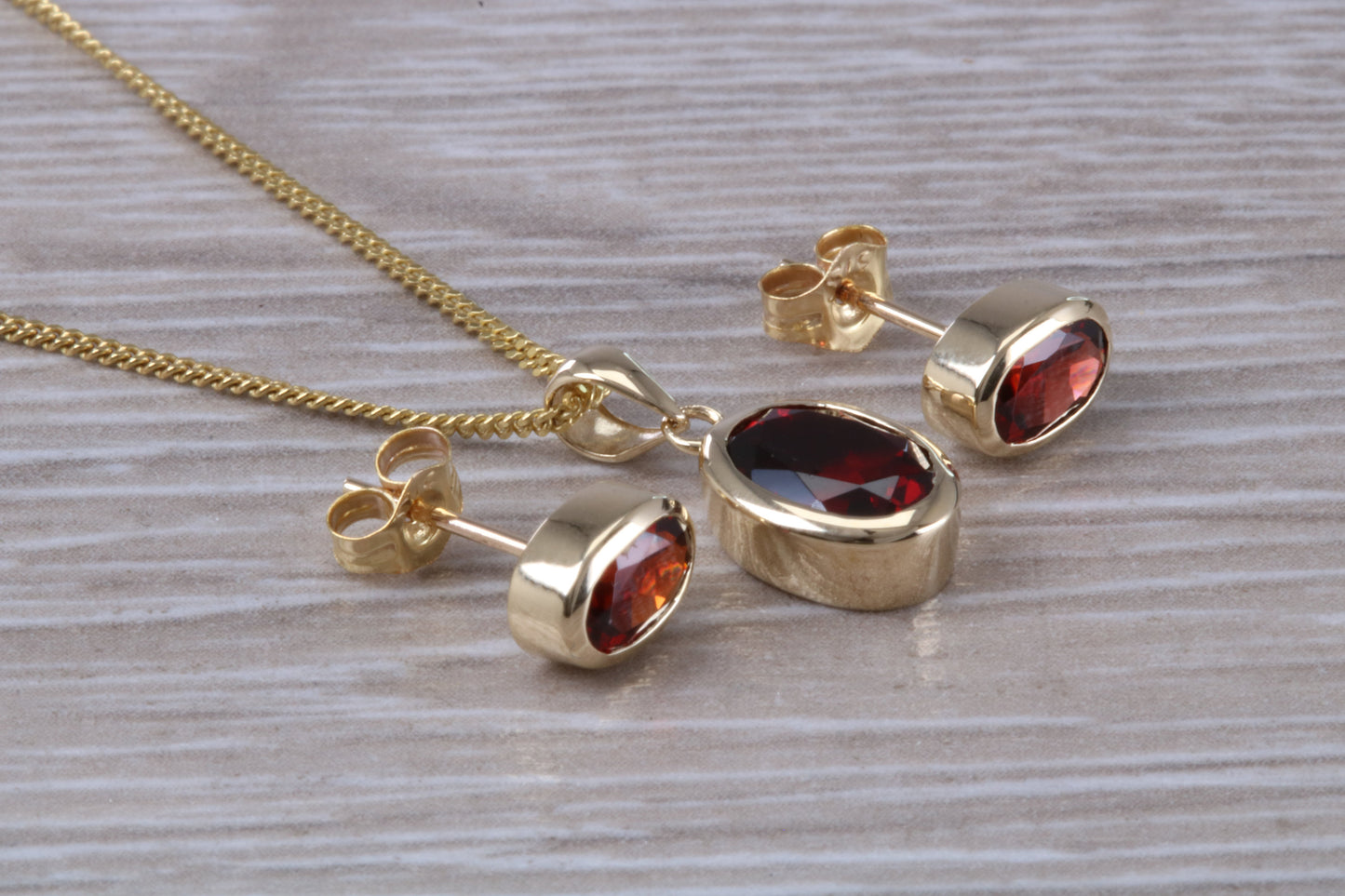 Real Garnet Earrings and Necklace Set, Solid 9ct Yellow Gold
