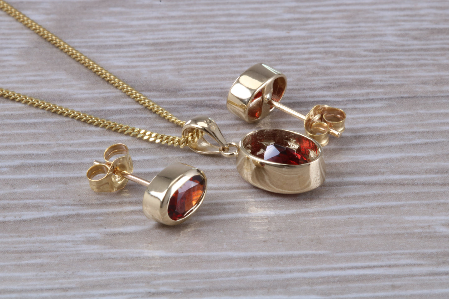 Real Garnet Earrings and Necklace Set, Solid 9ct Yellow Gold