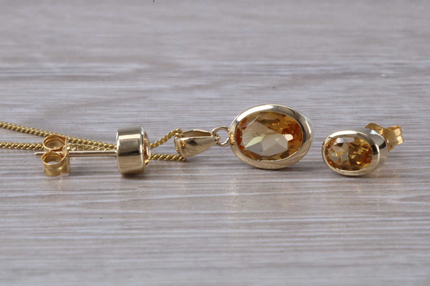 Real Citrine Earrings and Necklace Solid 9ct Yellow Gold