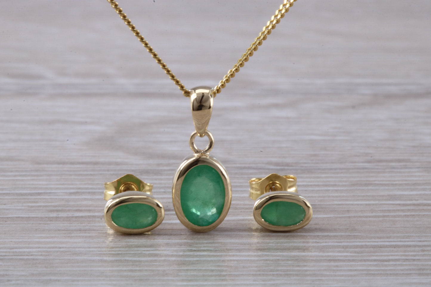 Real Emerald Earrings and Necklace Set, Solid 9ct Yellow Gold