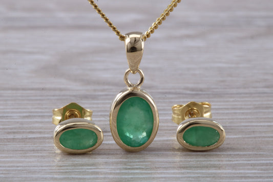 Real Emerald Earrings and Necklace Set, Solid 9ct Yellow Gold