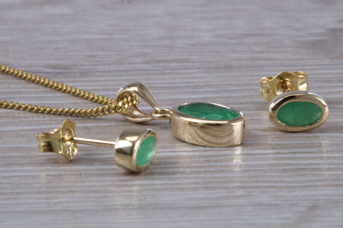 Real Emerald Earrings and Necklace Set, Solid 9ct Yellow Gold