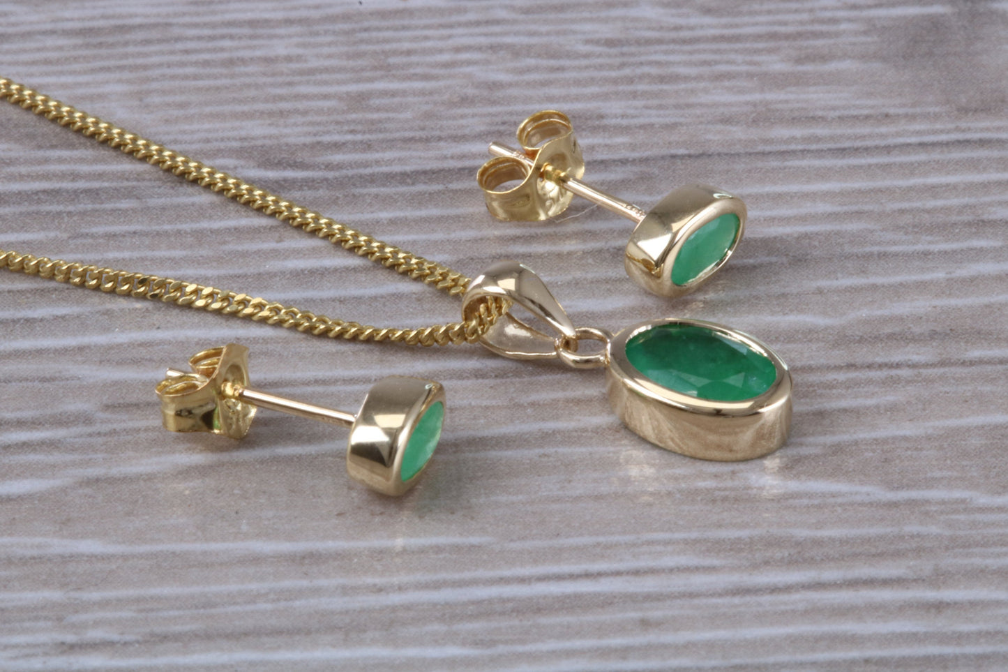 Real Emerald Earrings and Necklace Set, Solid 9ct Yellow Gold