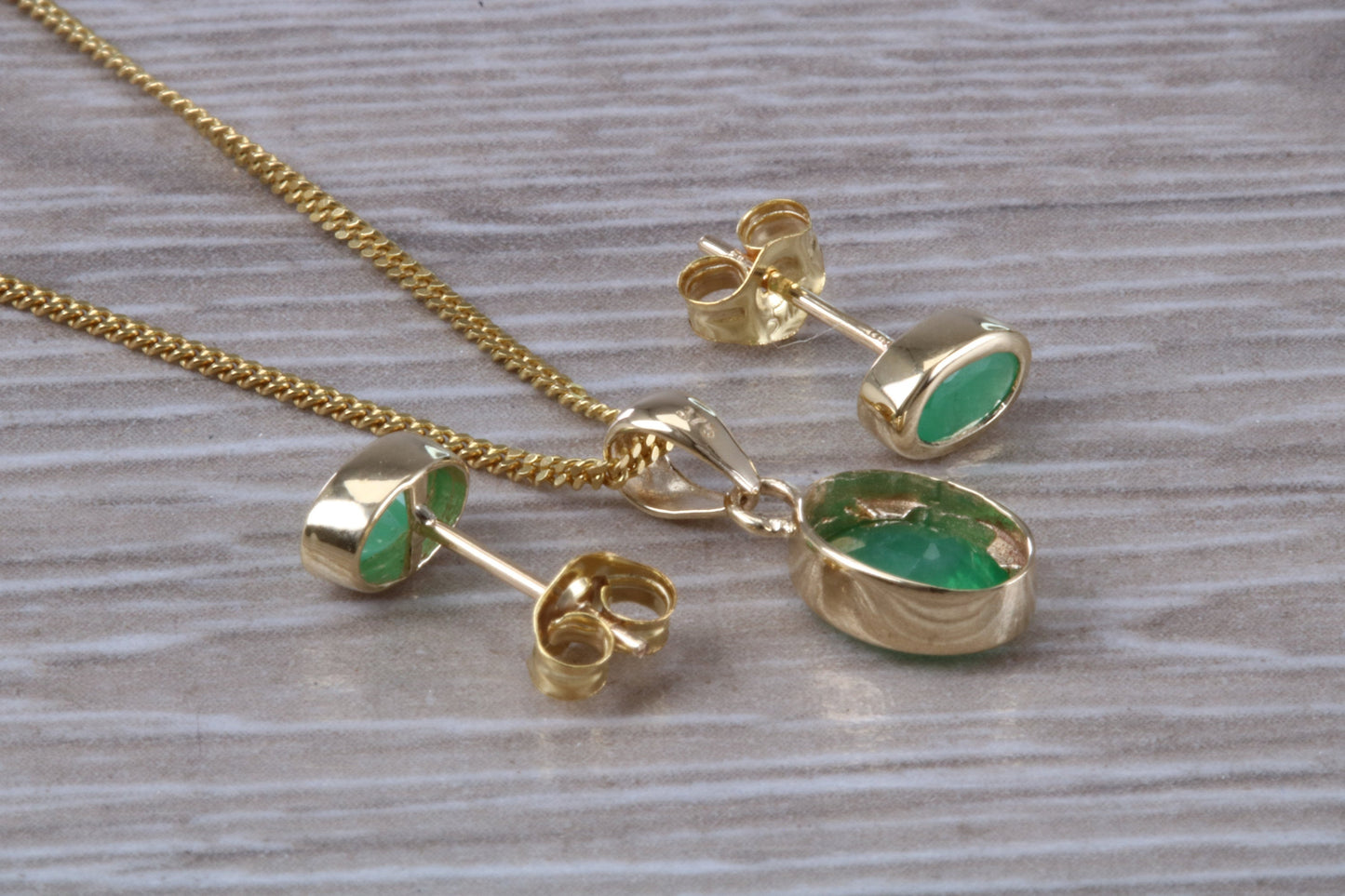 Real Emerald Earrings and Necklace Set, Solid 9ct Yellow Gold
