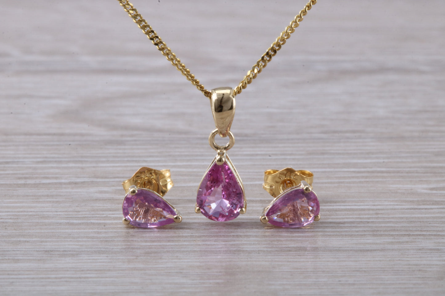 Real Pink Sapphire Earrings and Necklace Set, Solid 9ct Yellow Gold