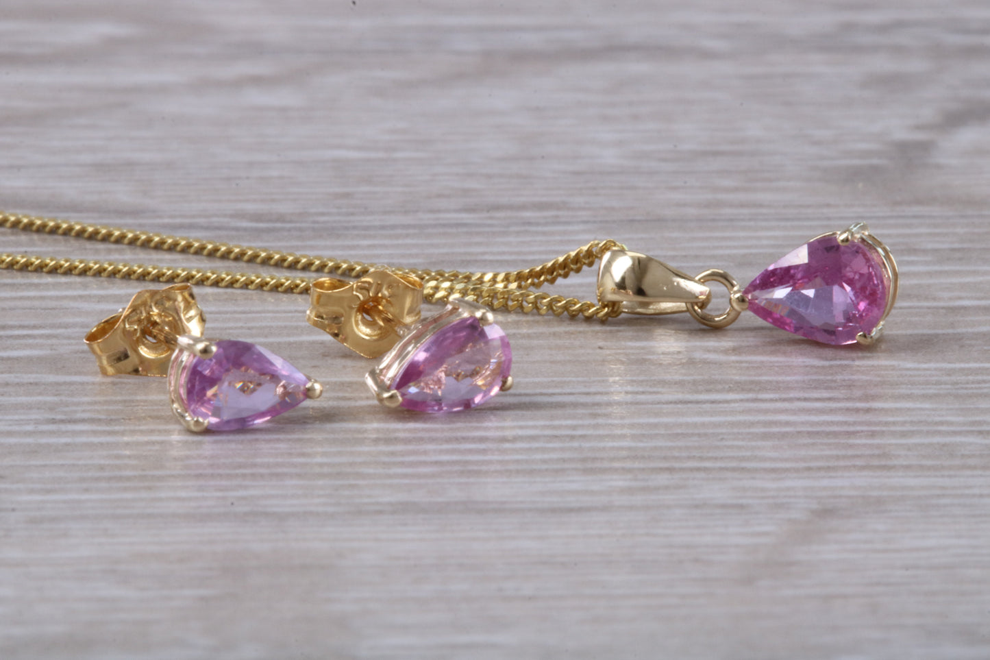 Real Pink Sapphire Earrings and Necklace Set, Solid 9ct Yellow Gold