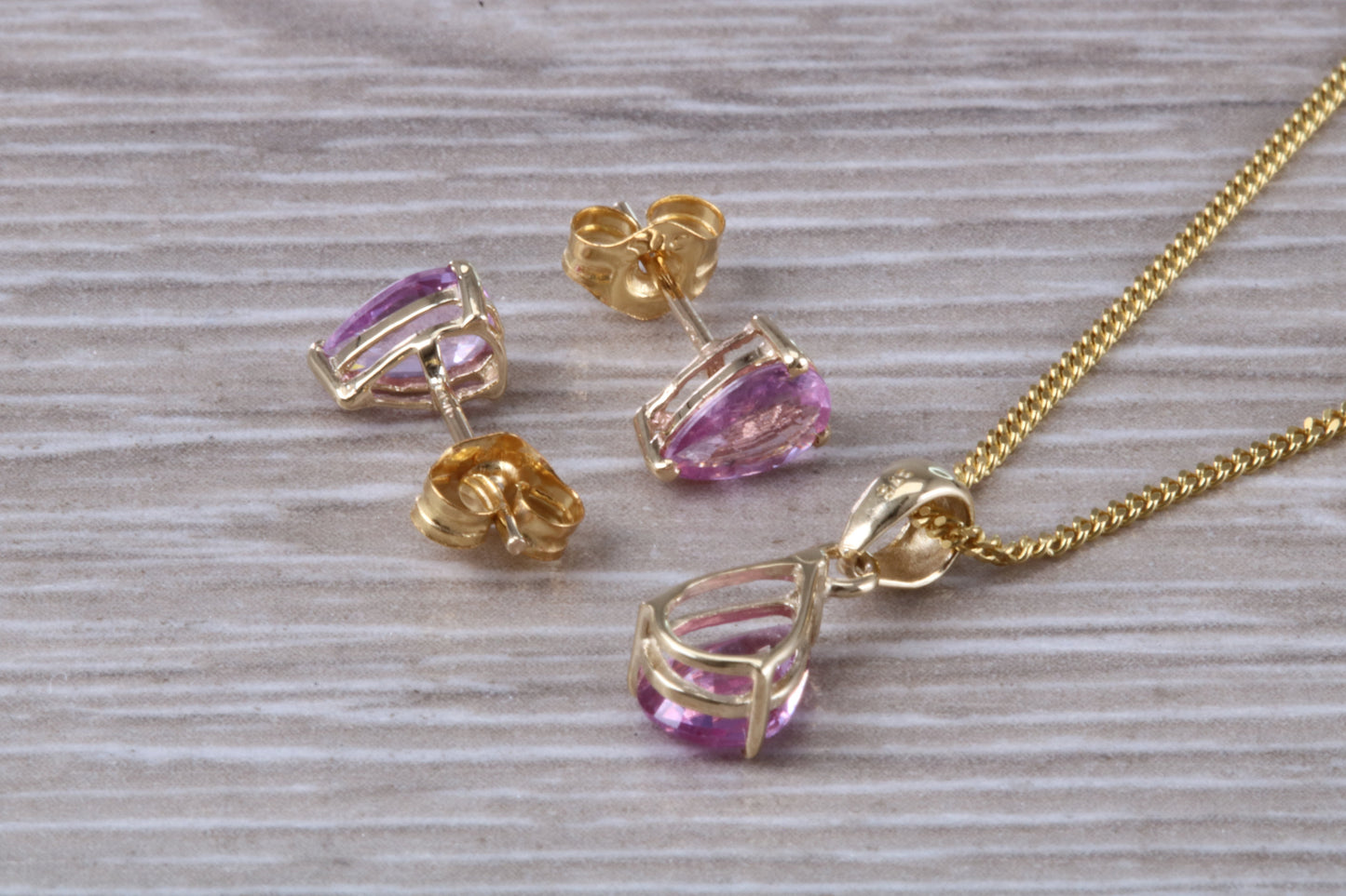 Real Pink Sapphire Earrings and Necklace Set, Solid 9ct Yellow Gold