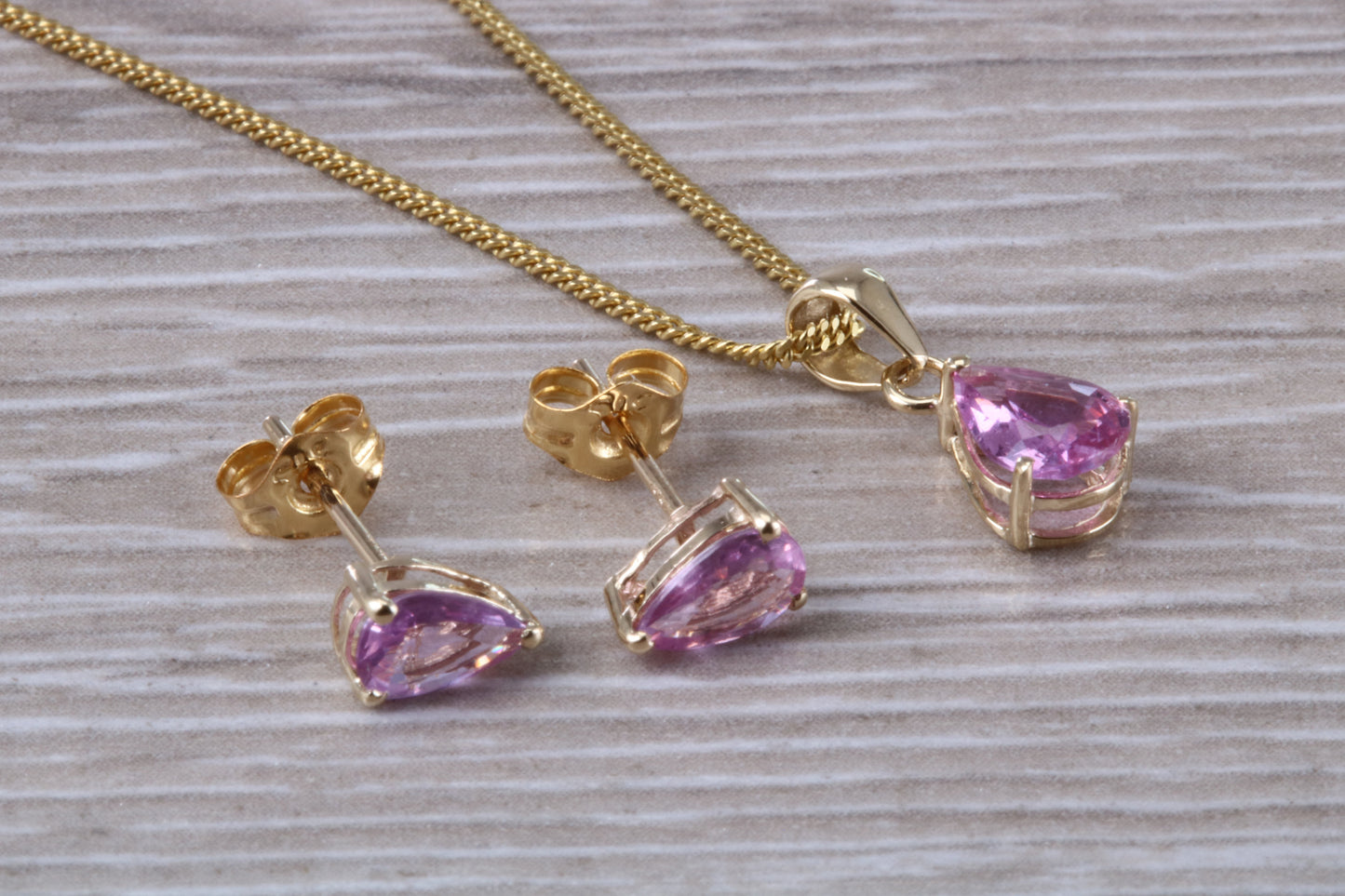 Real Pink Sapphire Earrings and Necklace Set, Solid 9ct Yellow Gold