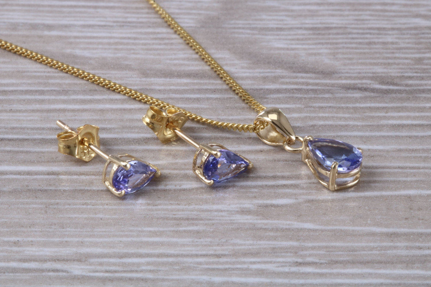 Real Tanzanite Earrings and Necklace Set, solid 9ct Yellow Gold