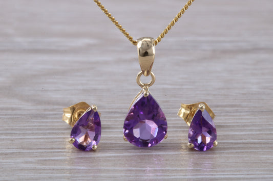Real Amethyst Earrings and Necklace Set, Solid 9ct Yellow Gold