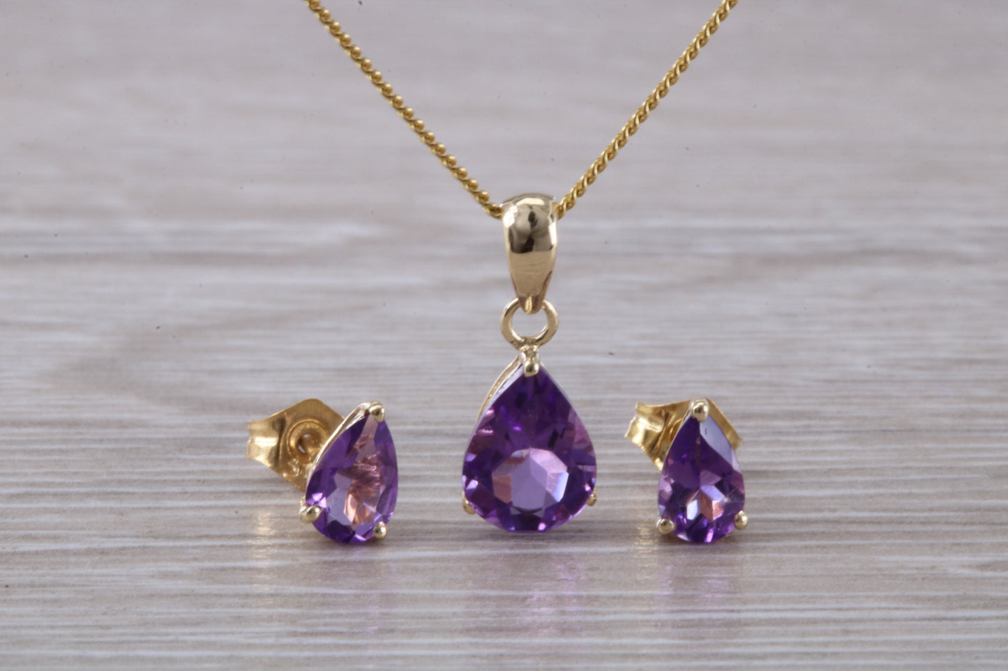 Real Amethyst Earrings and Necklace Set, Solid 9ct Yellow Gold