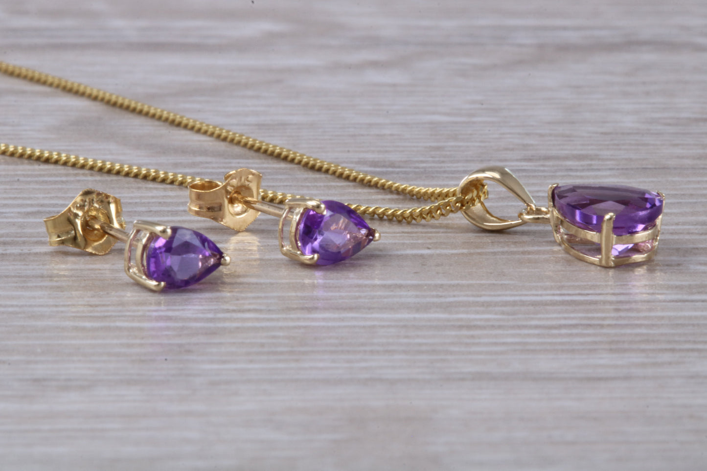 Real Amethyst Earrings and Necklace Set, Solid 9ct Yellow Gold