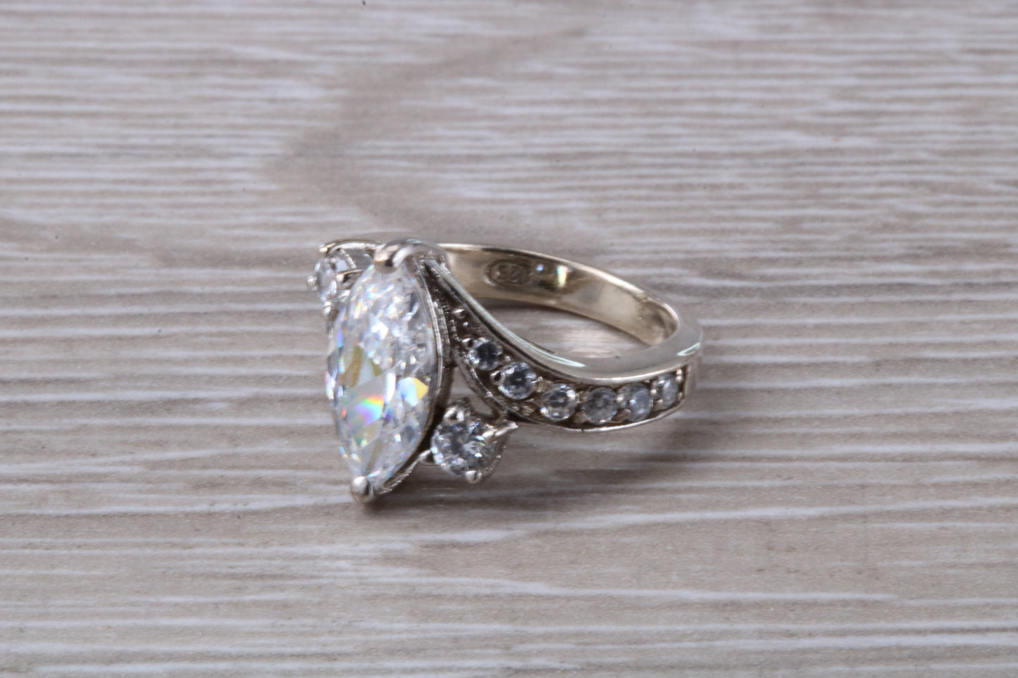 Dressy real Diamond look ring, sterling silver set with diamond look Cubic Zirconia, Ideal promise, dress engagement ring