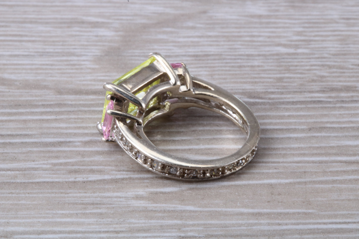 Dressy real Diamond look ring, sterling silver set with Peridot and Diamond look Cubic Zirconia, Ideal promise, dress engagement ring