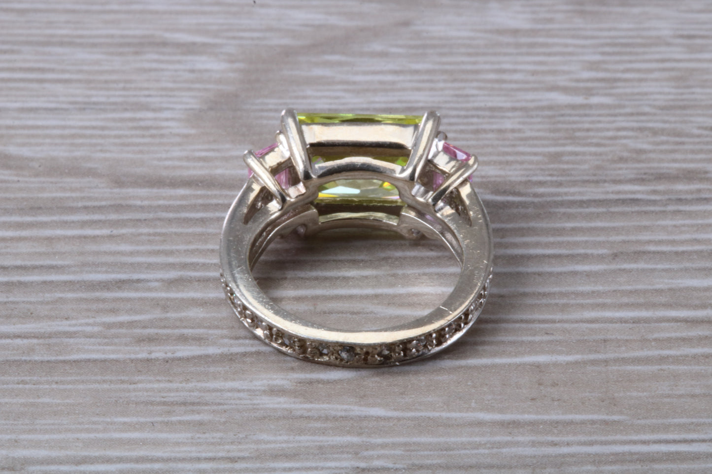 Dressy real Diamond look ring, sterling silver set with Peridot and Diamond look Cubic Zirconia, Ideal promise, dress engagement ring