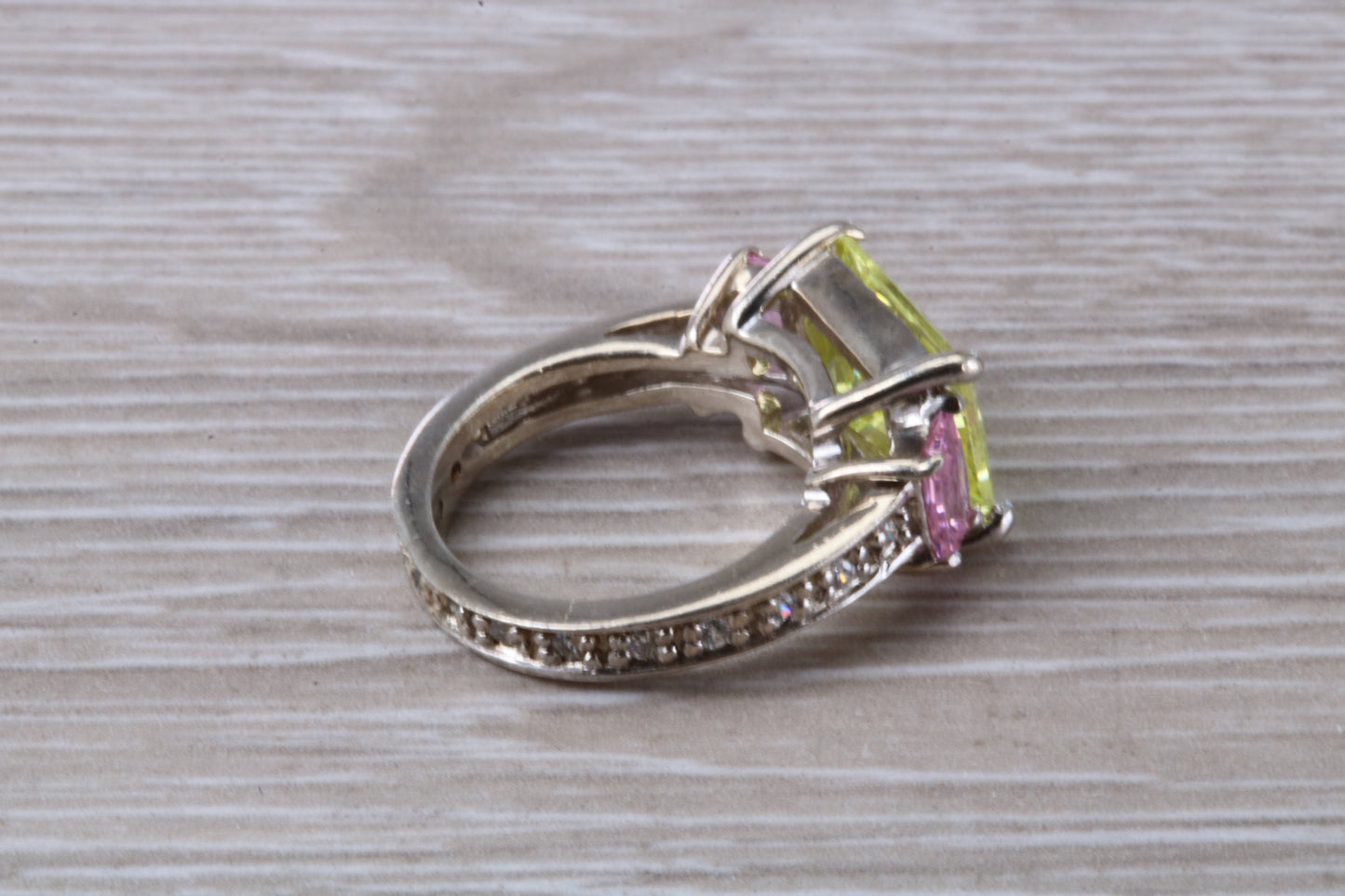 Dressy real Diamond look ring, sterling silver set with Peridot and Diamond look Cubic Zirconia, Ideal promise, dress engagement ring
