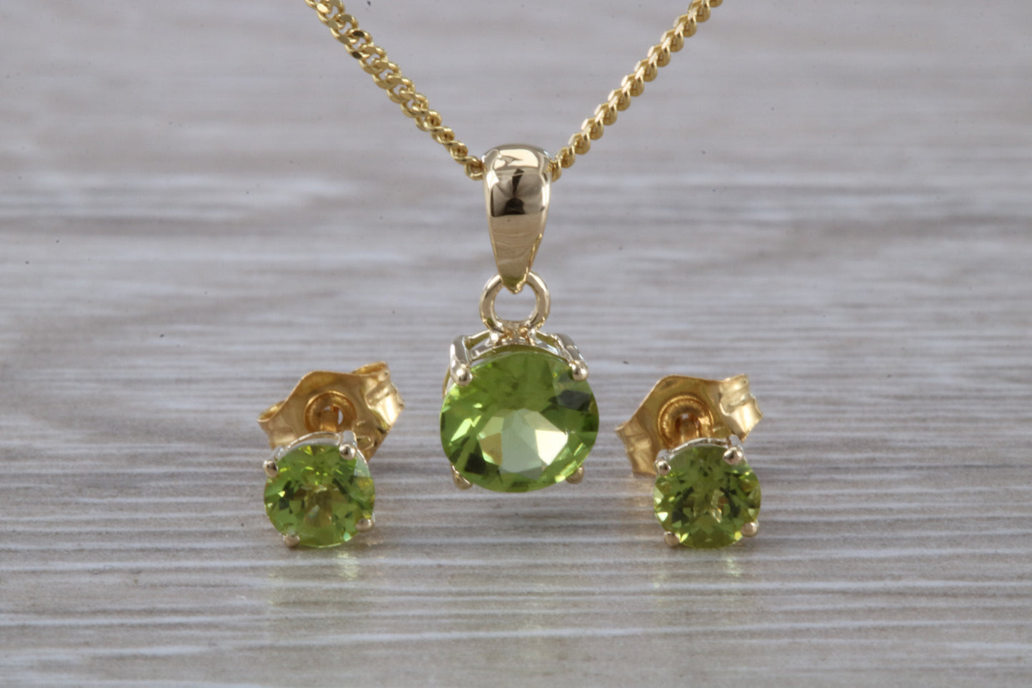 Real Peridot Earrings and Necklace Set, Solid 9ct Yellow Gold