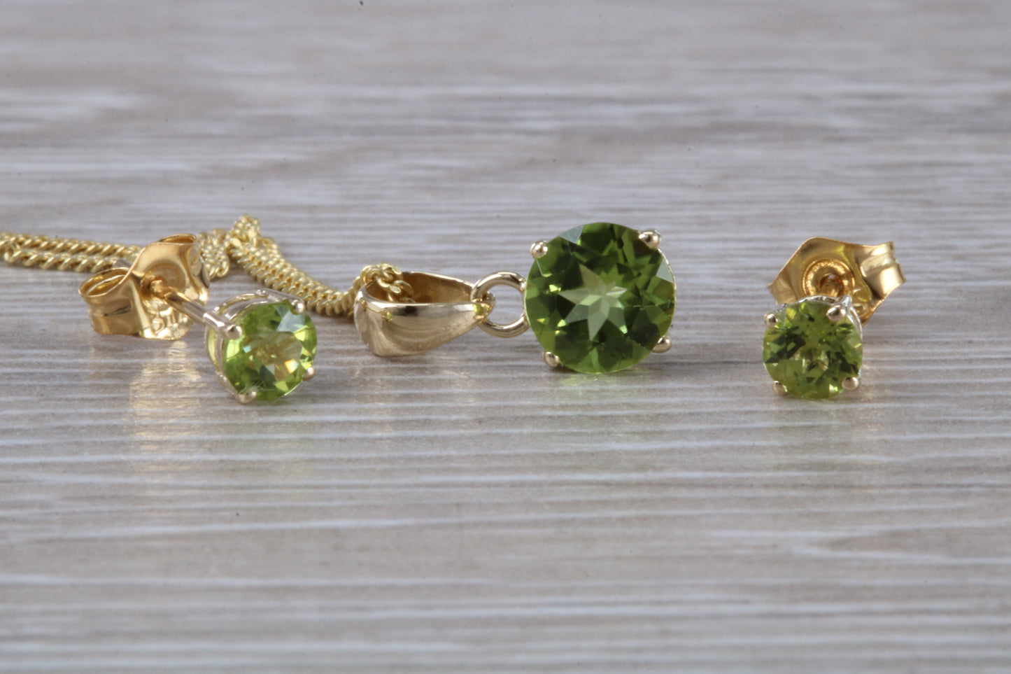 Real Peridot Earrings and Necklace Set, Solid 9ct Yellow Gold