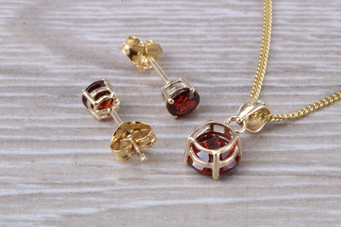Real Garnet Earrings and Necklace Set, Solid 9ct Yellow Gold