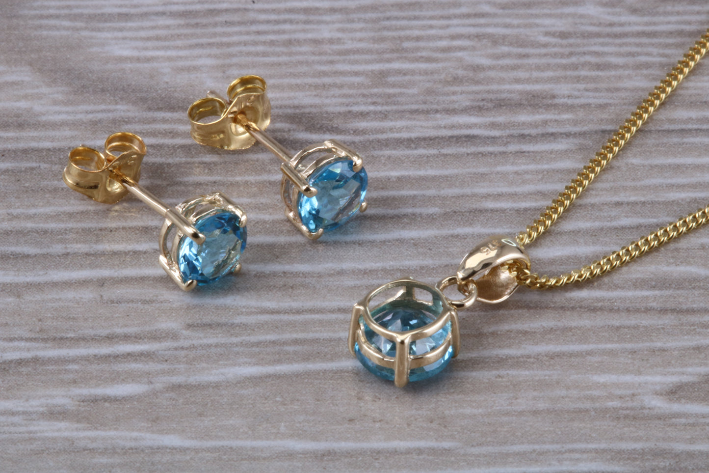Real Topaz Earrings and Necklace Set, Solid 9ct Yellow Gold