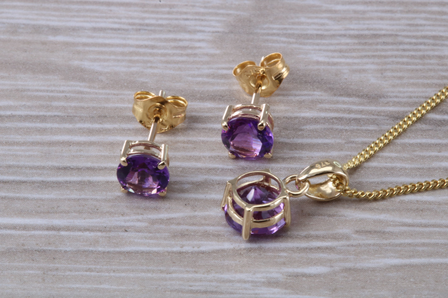 Real Amethyst Earrings and Necklace Set, Solid 9ct Yellow Gold